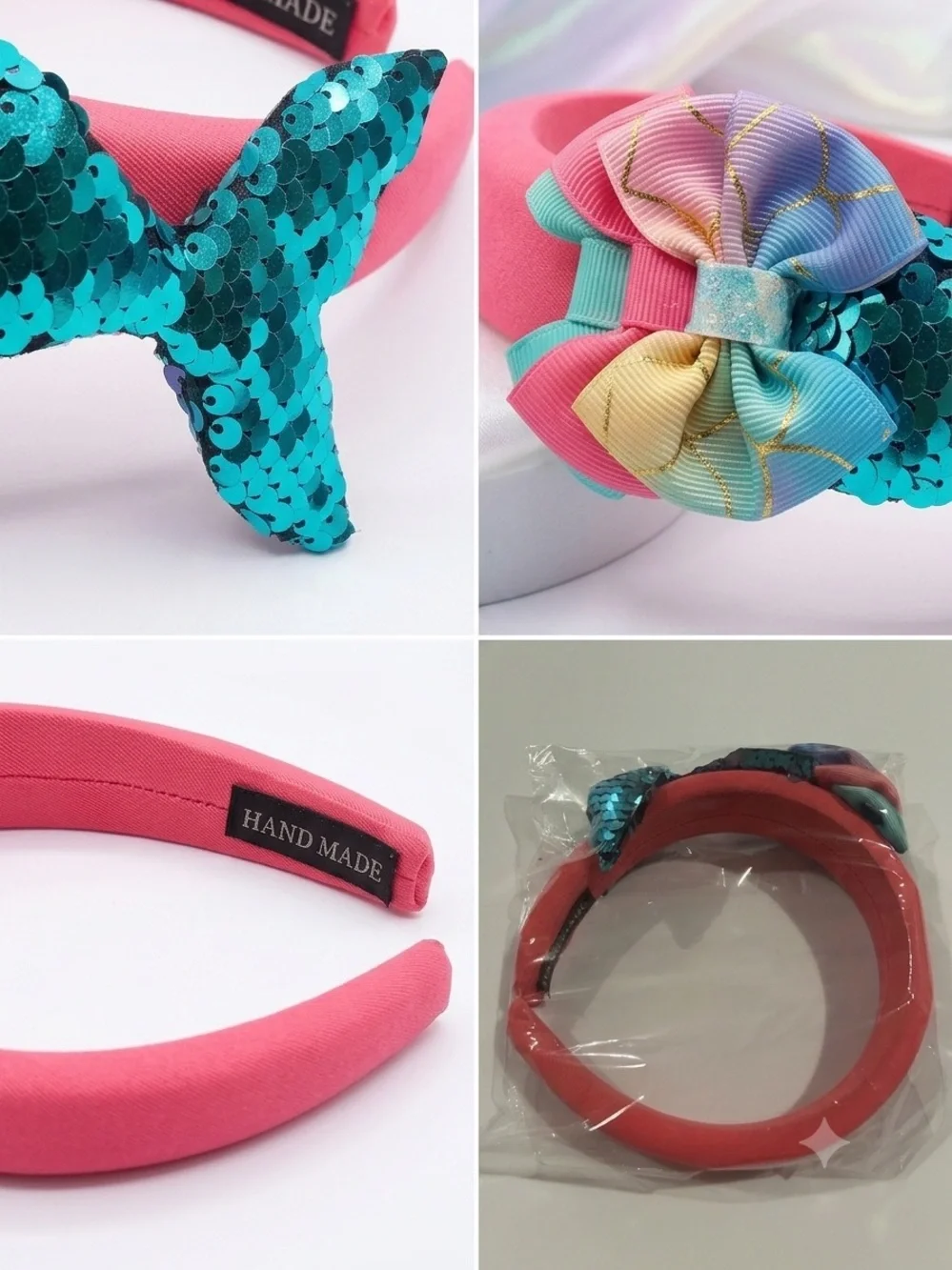 Handmade Girls Sequin Mermaid Tail & Bow Headband Pink